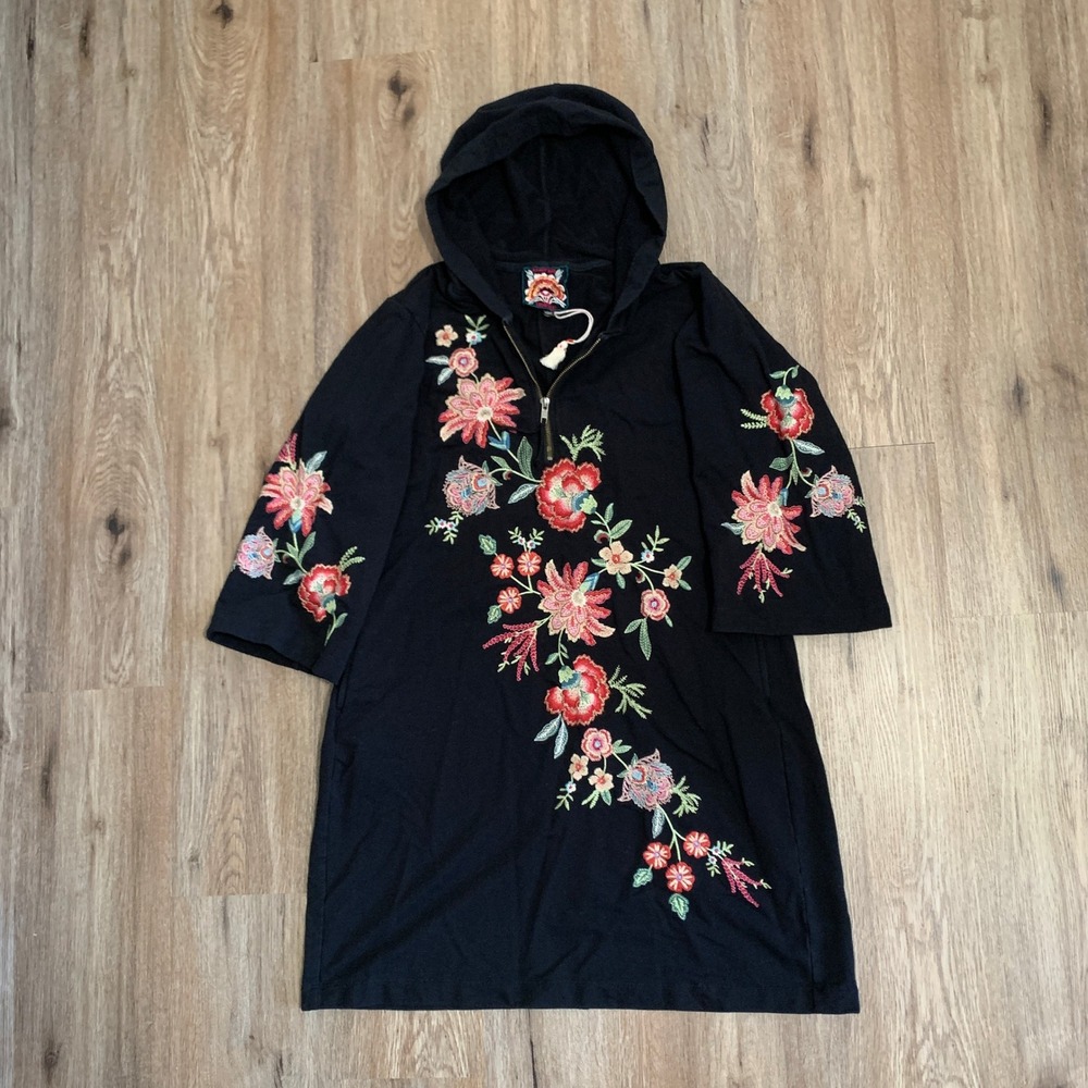 Johnny Was vibrant floral embroidered hooded beach dress in black - size large